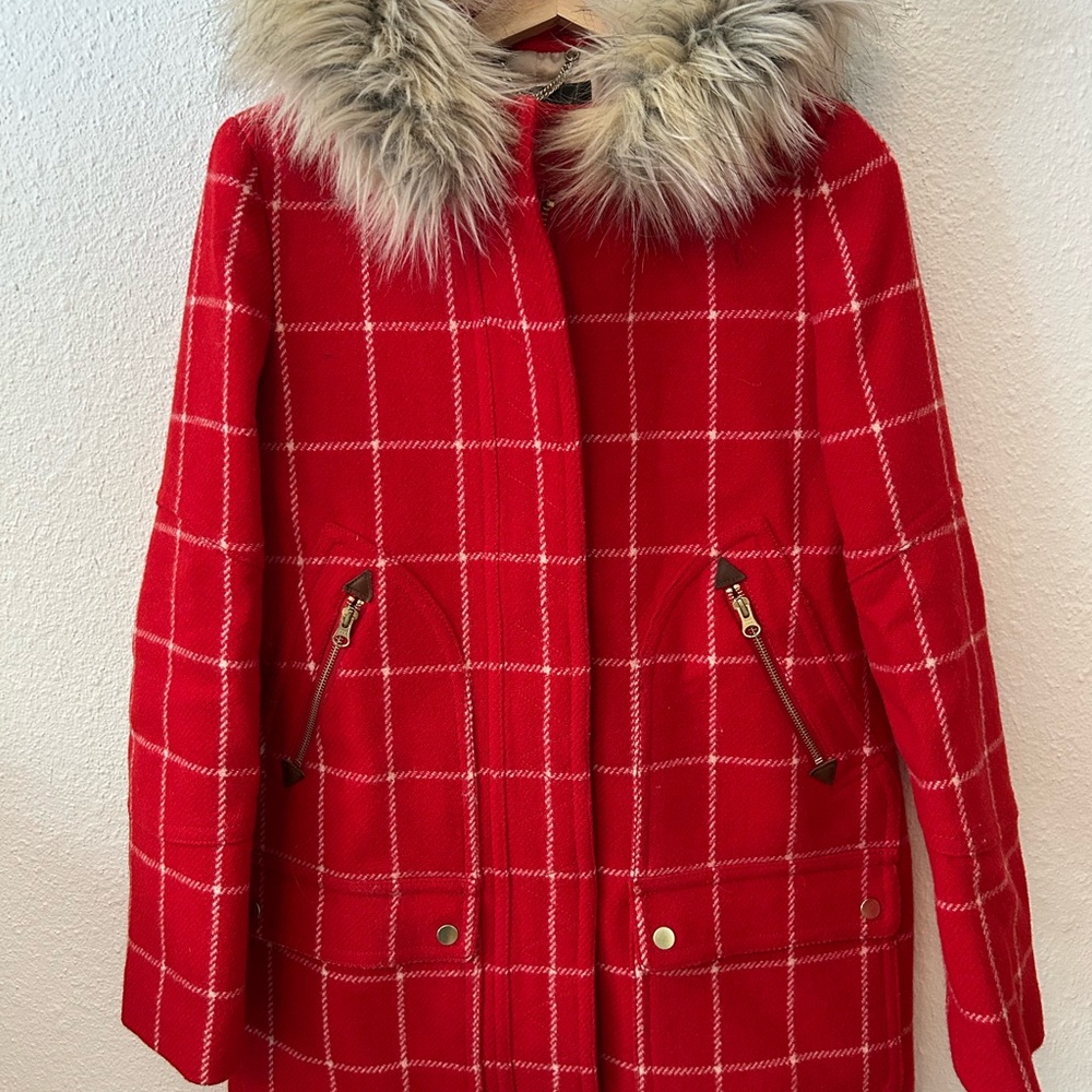 J. Crew Red and White Windowpane Chateau Jacket with Faux Fur Trim